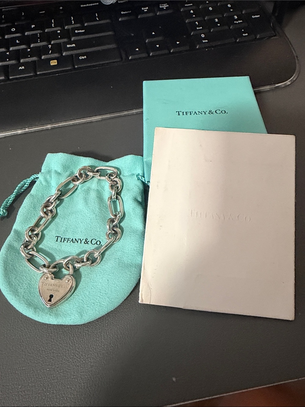 Tiffany & Co. Sterling Silver Heart lock padlock Tag Link Bracelet 8” long charm - Picture 3 of 6